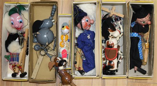 Six Pelham puppets, boxed